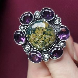 New Ocean Jasper & Amethyst 925 Silver Statement Ring.